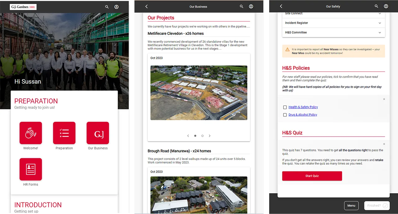 G.J. Gardner onboarding screens showing preparation tiles, construction projects and health and safety policy acknowledgements with a quiz