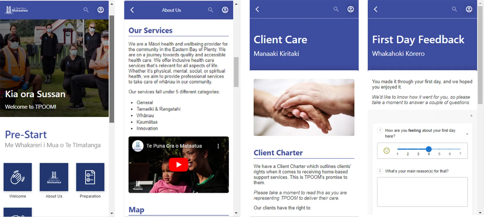 Te Puna Ora o Mataatua onboarding screens showing pre-start tiles, service information, client care guidance and a first-day feedback survey
