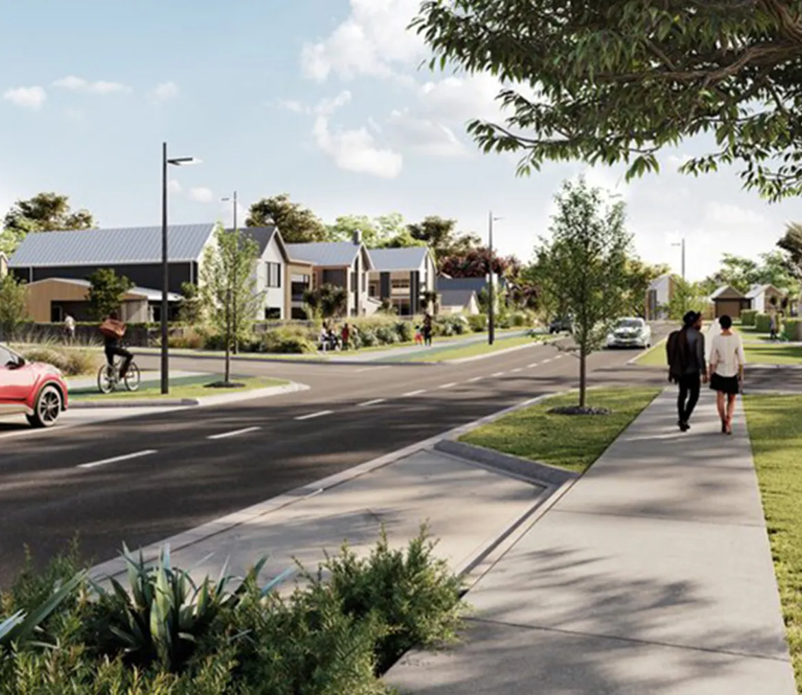 Residential neighbourhood rendering with people walking and cycling along a tree-lined street