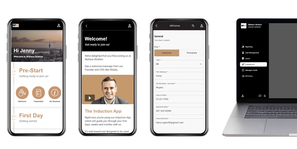 Wallace Stratton mobile onboarding screens showing pre-start tiles, a welcome video and an HR form beside the desktop dashboard
