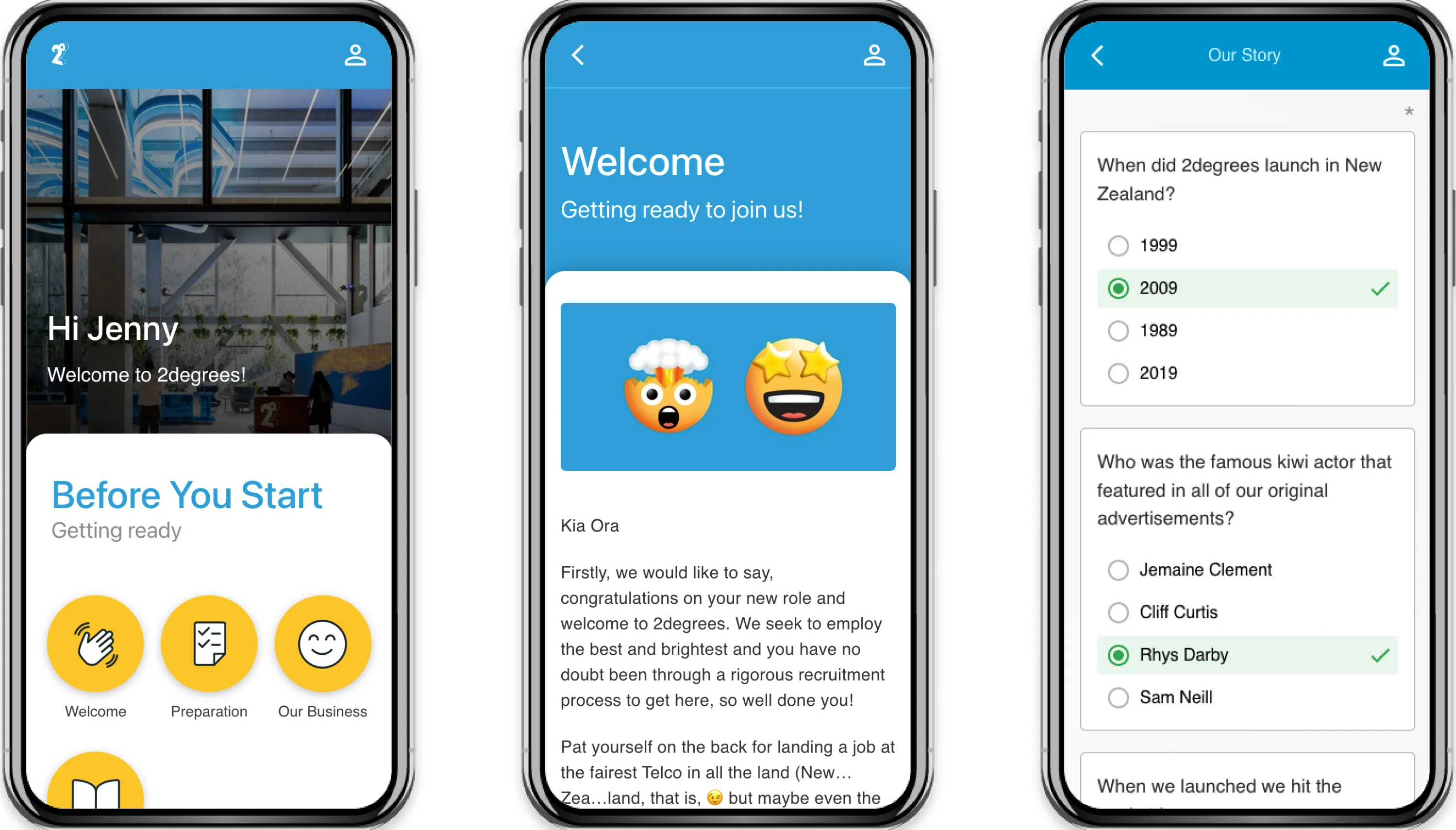 2degrees mobile onboarding screens showing the pre-start menu, welcome message and company history quiz