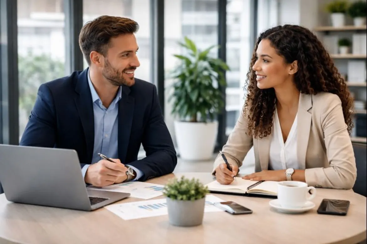 Two people discussing paperwork at an office table with a laptop and notebook
