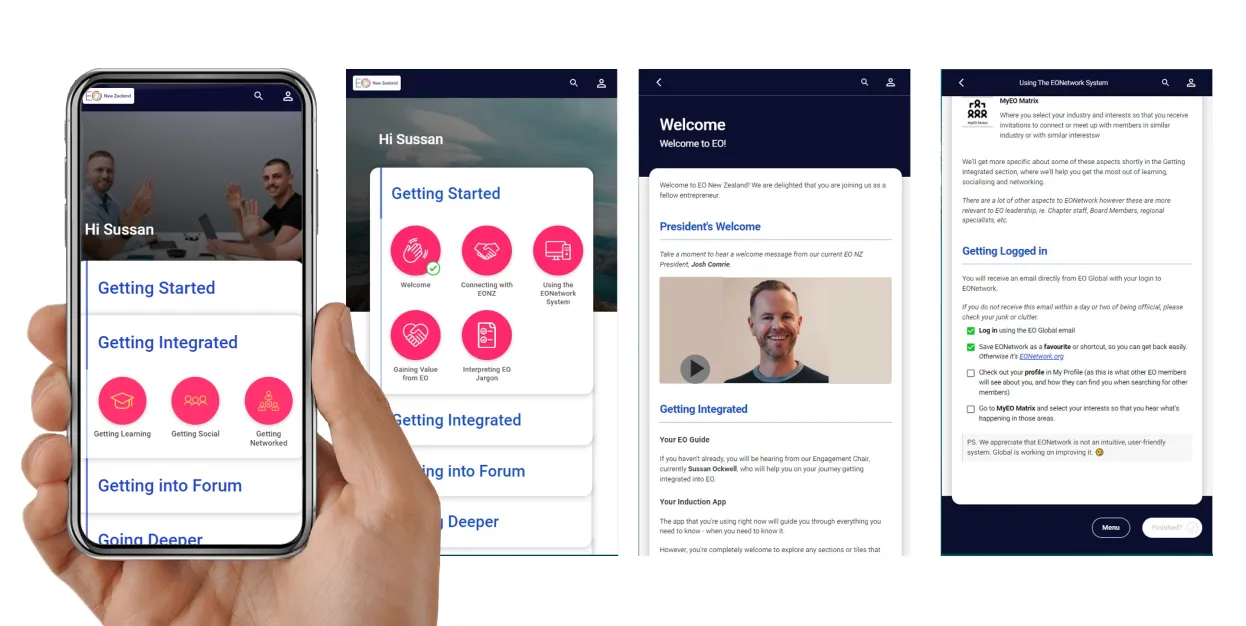 EO New Zealand onboarding screens showing member topic menus, a welcome video and an EONetwork login checklist