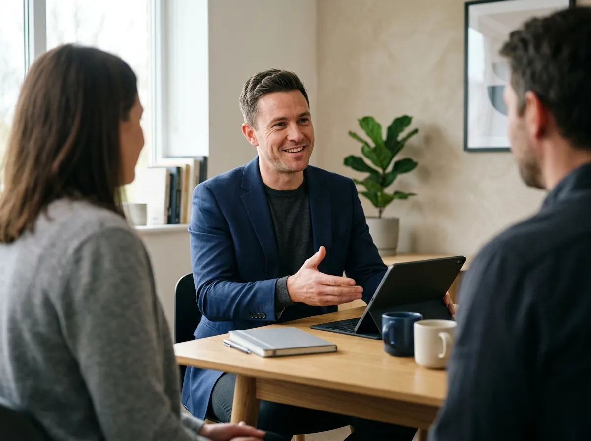 Advisor meeting with two people at a table with a tablet and notebook