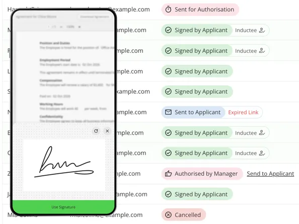 Mobile agreement signature pad over an agreements table showing authorisation, signing and expired-link statuses