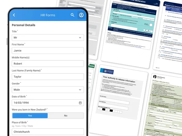 Mobile HR form with personal details beside official tax, KiwiSaver, police vetting and licence consent forms
