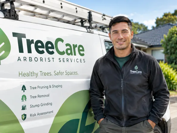 TreeCare arborist standing beside a branded van displaying tree services and safety assessments