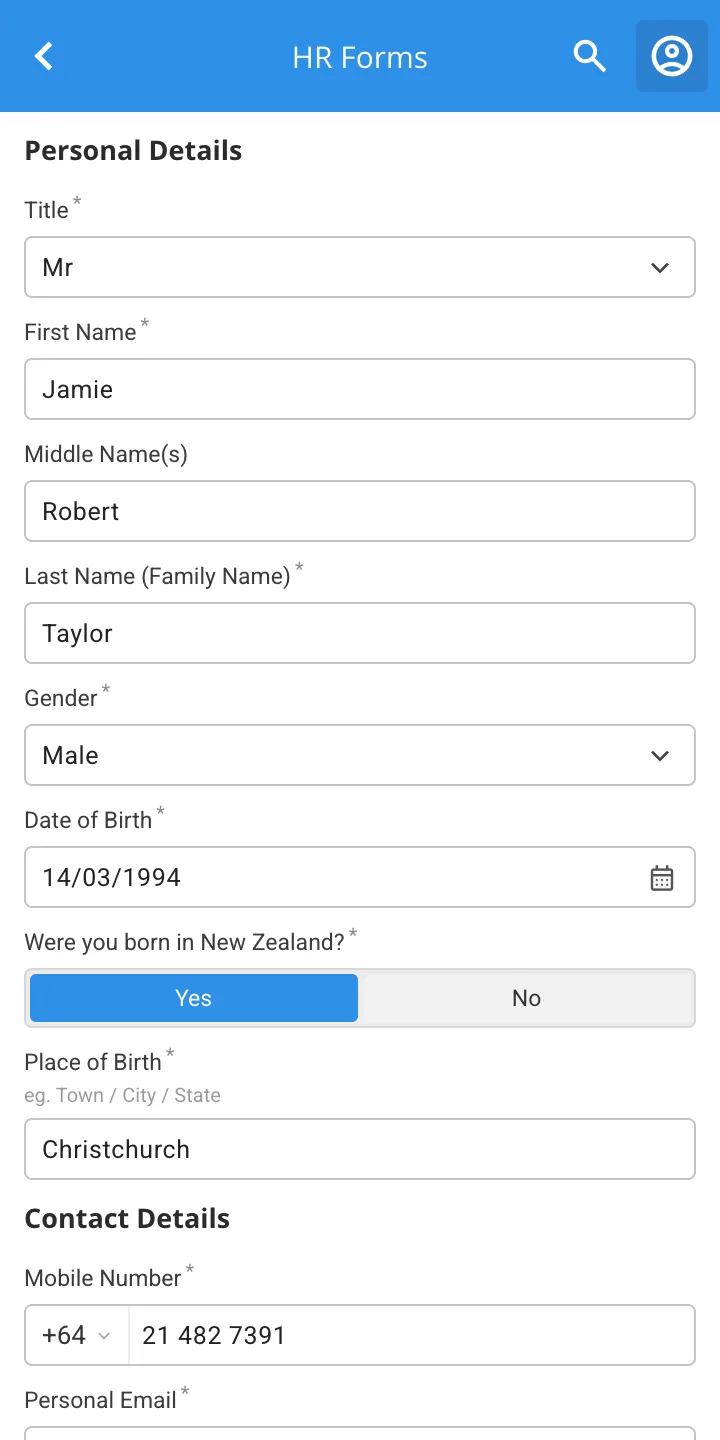 Mobile HR form with completed personal details, date of birth, birthplace and contact fields