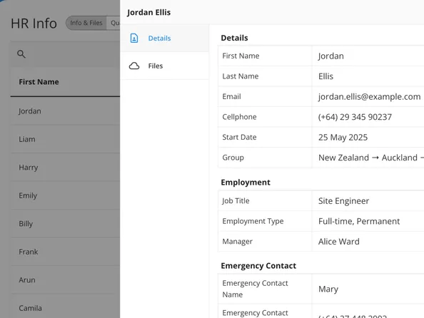 HR Info employee record open to contact details, employment information and emergency contact, with Details and Files tabs