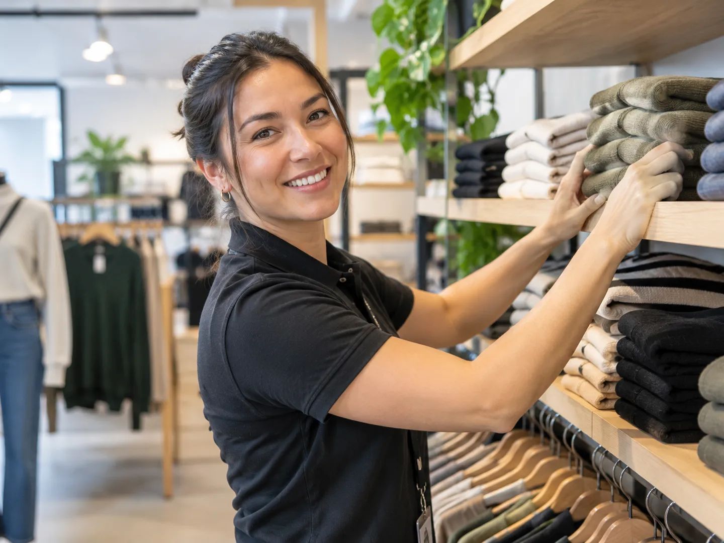 Person browsing garments on a clothing rack in a retail store