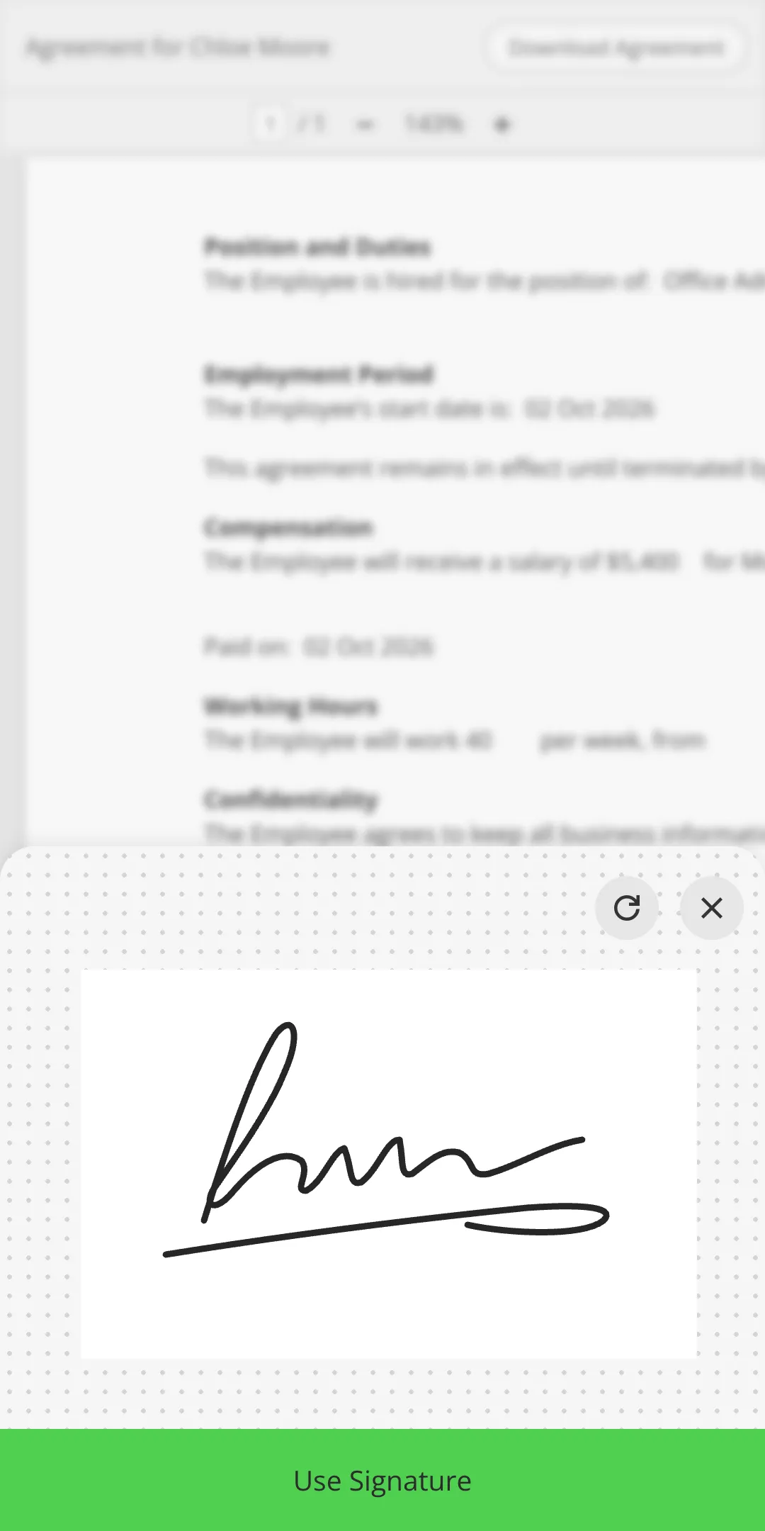 Mobile employment agreement with a drawn signature and Use Signature button