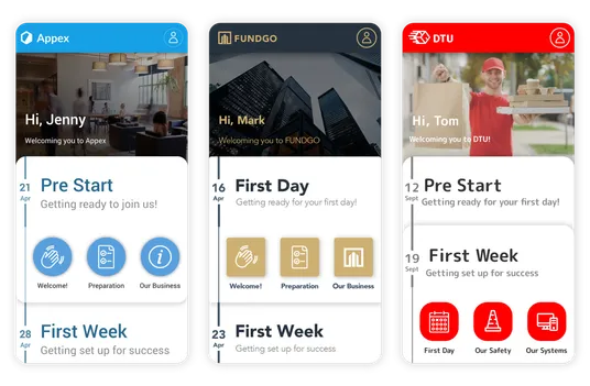 Three induction app welcome screens for Appex, FUNDGO, and DTU show pre-start and first-day journey tiles.