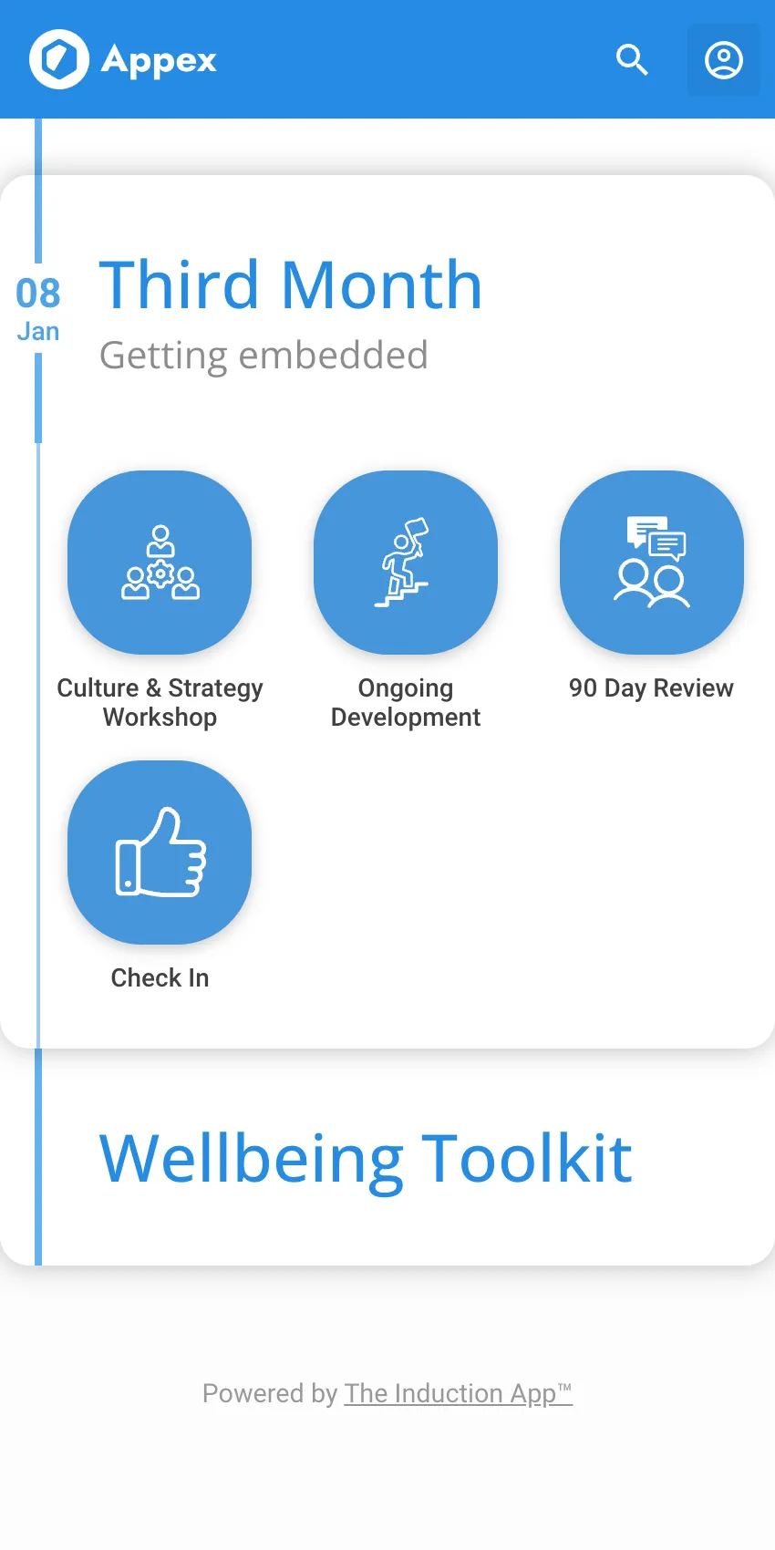 Third-month onboarding tiles for Culture and Strategy Workshop, Ongoing Development, 90 Day Review and Check In